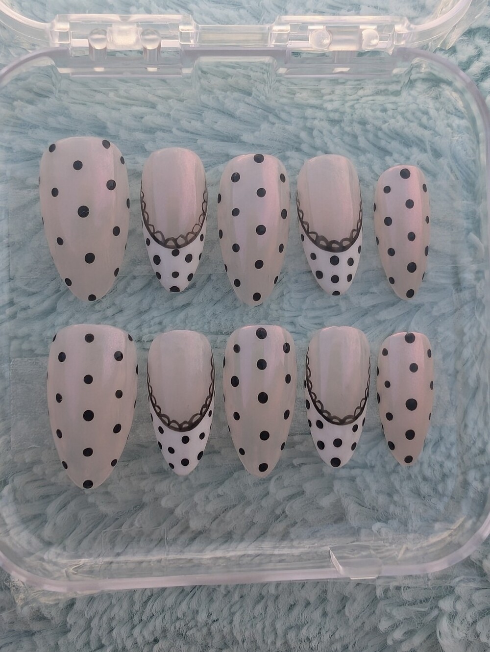 Polka Dot Almond Press-On Nails in Pearl And White